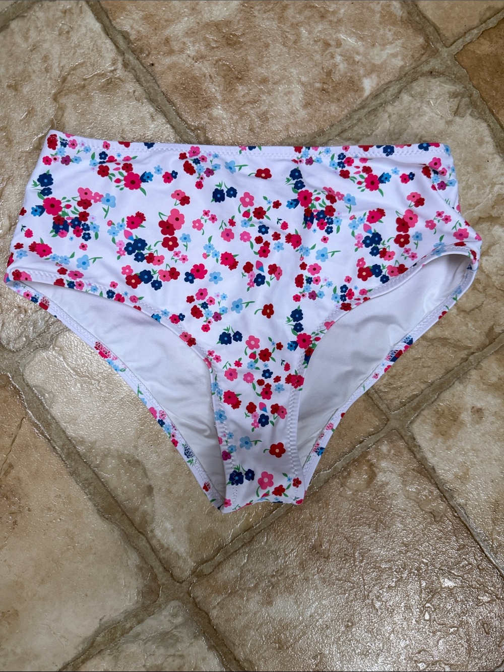 High-Waist Floral Bikini Bottoms - White with Pink & Blue Flowers